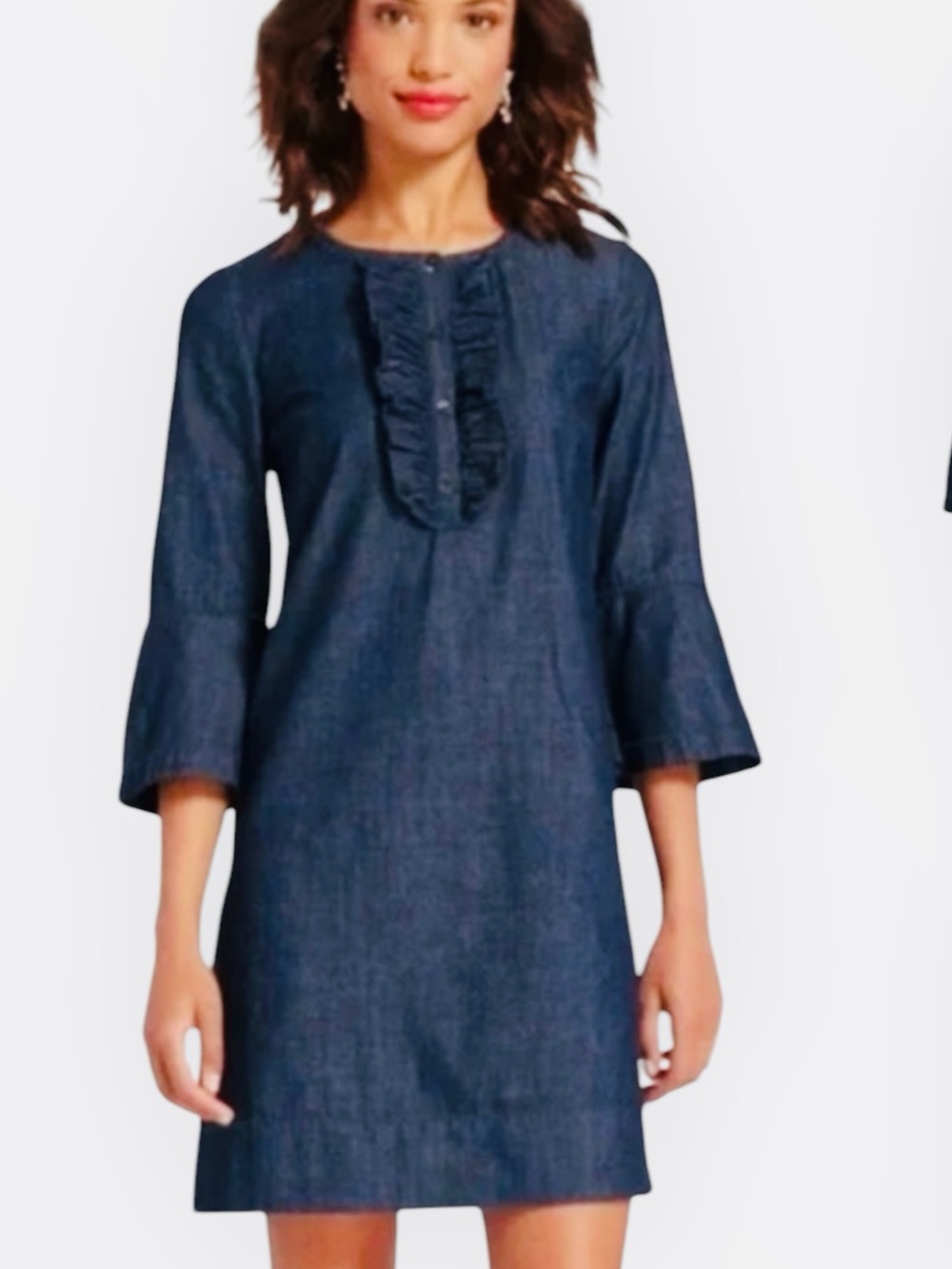 Draper James Women's cotton Dark Blue Denim Ruffle-Front Shift Dress